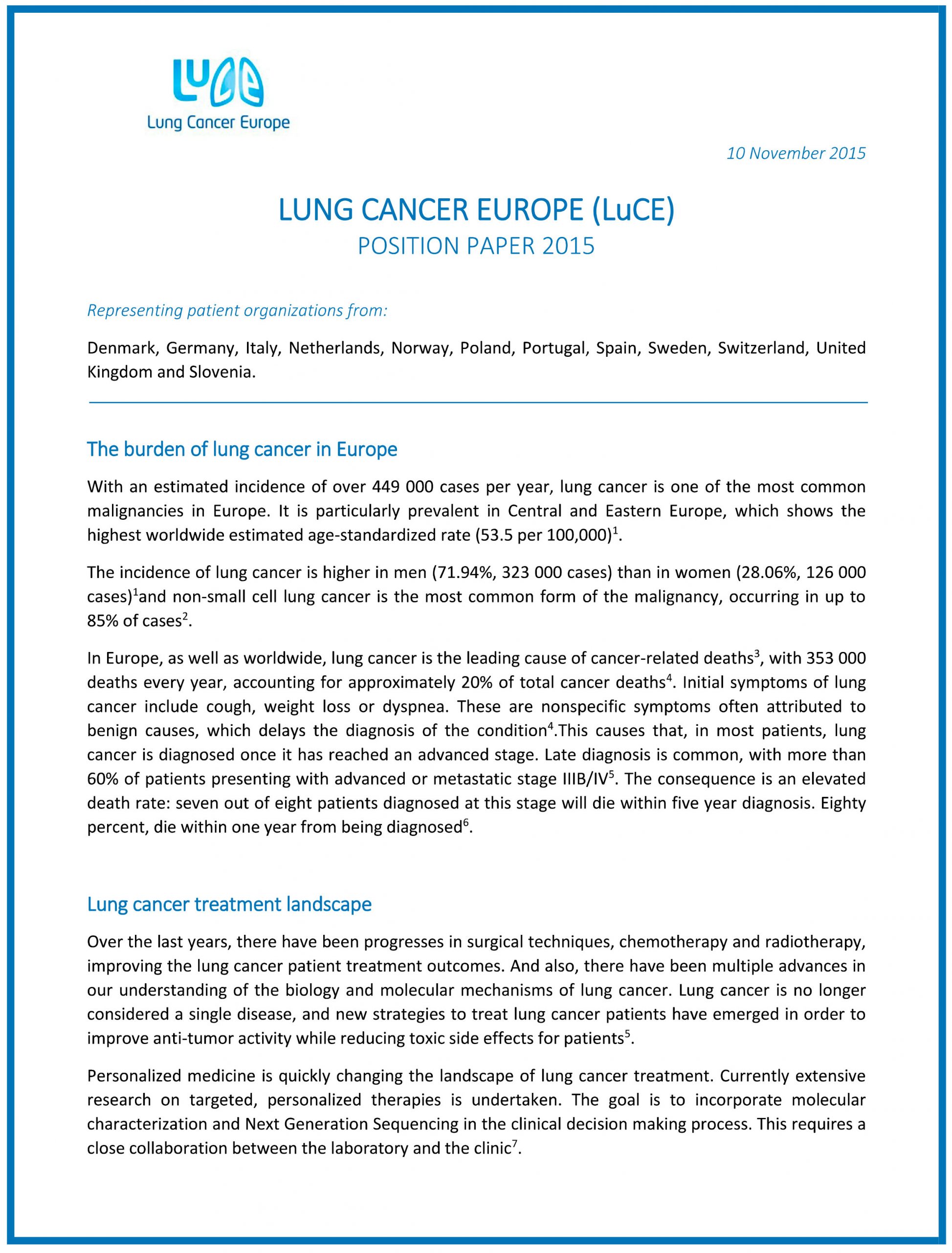 Lung Cancer Europe (Luce) Position Paper 2015
